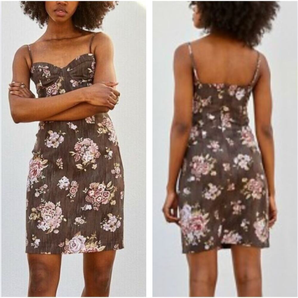 NWT H&M Brock Collection Brown Floral Mini Dress Cottage Bustier Sexy sz XL